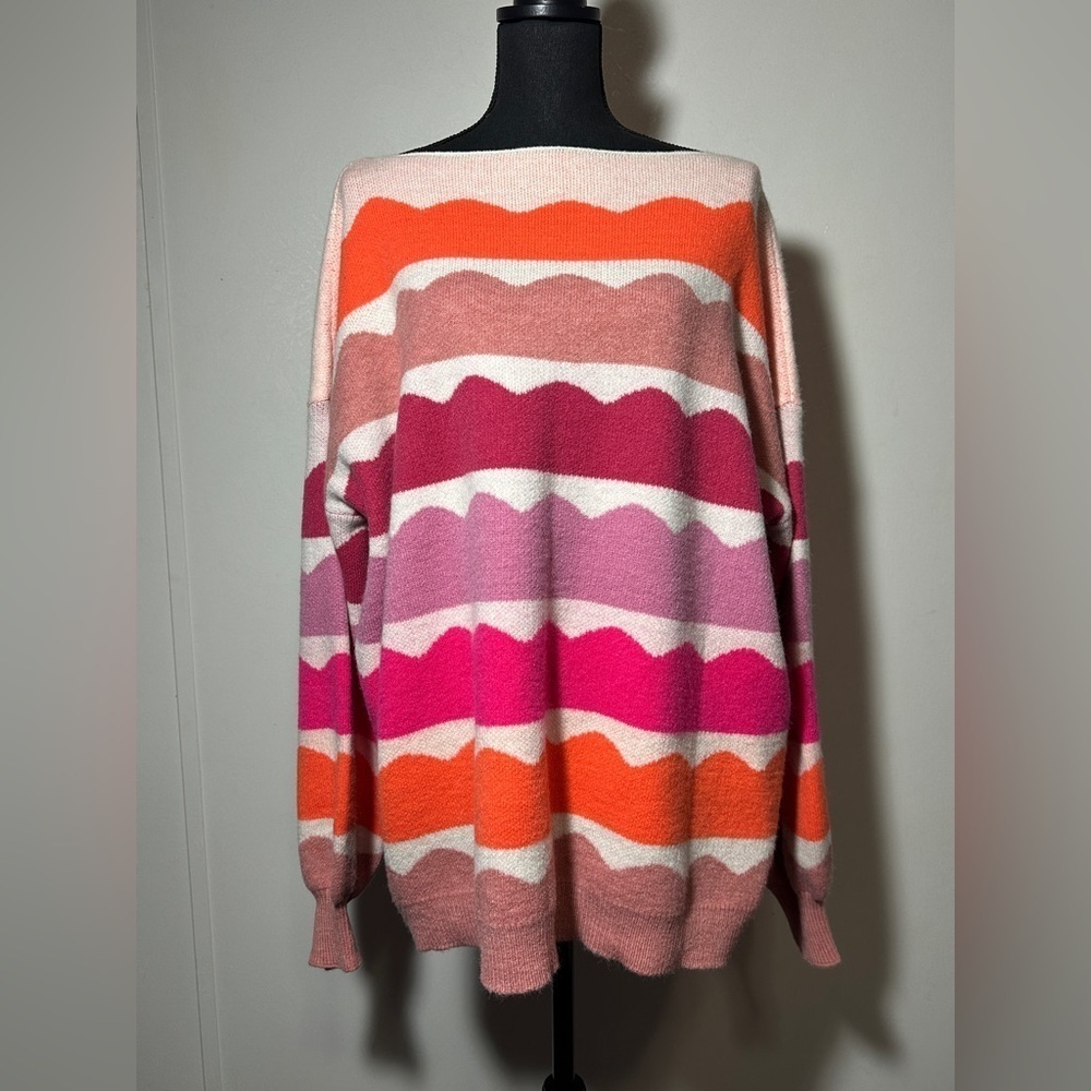 TikTok Viral Pink Colorful Striped Scallop Women's Sweater Barbie Core Casual